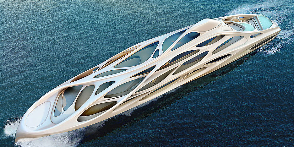 A detailed view of the intricate exoskeleton design on Zaha Hadid's yacht concept.
